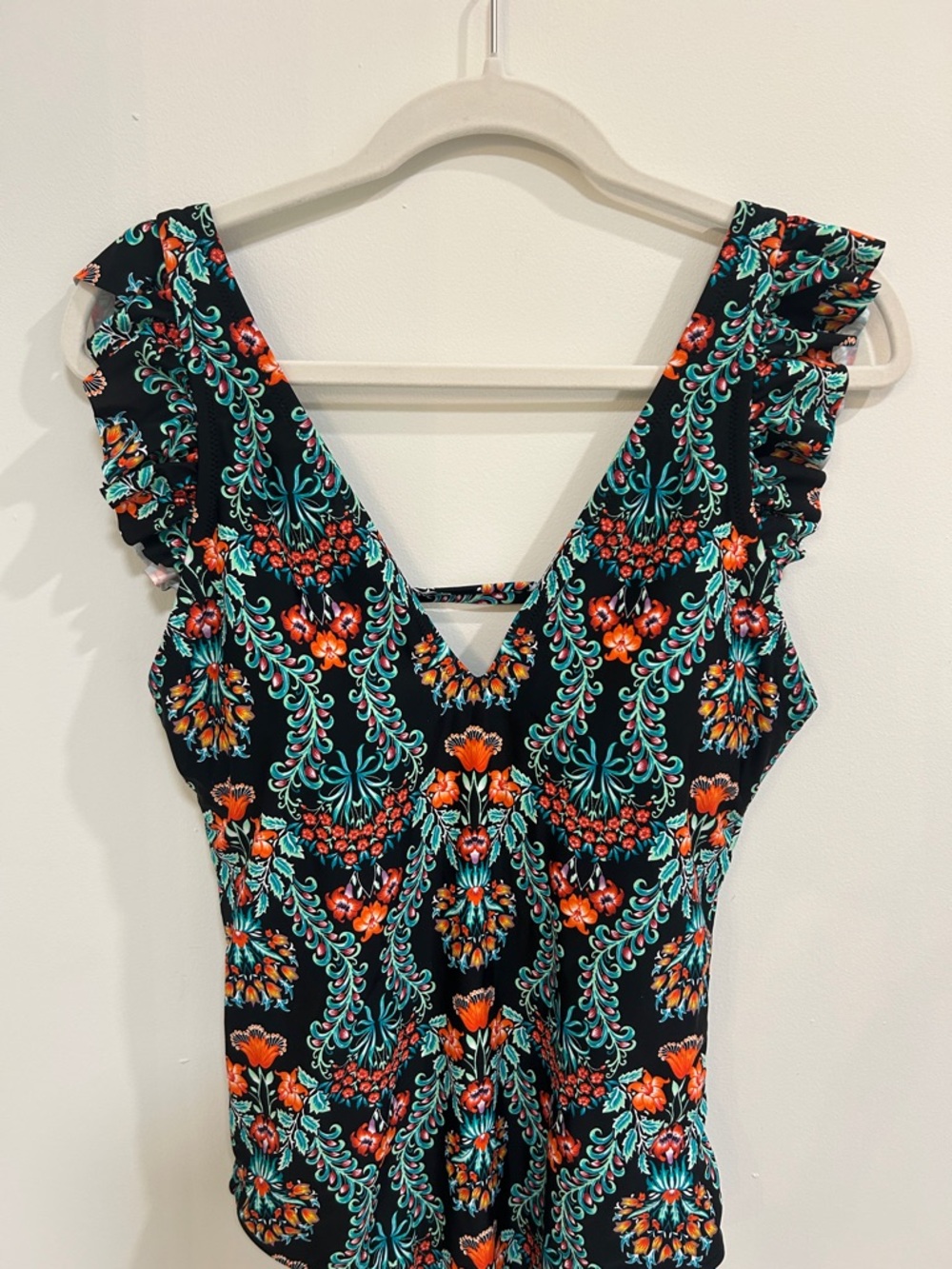 Jessica Simpson Black One-Piece Swimsuit with Teal and Orange Floral Print - Picture 2 of 7